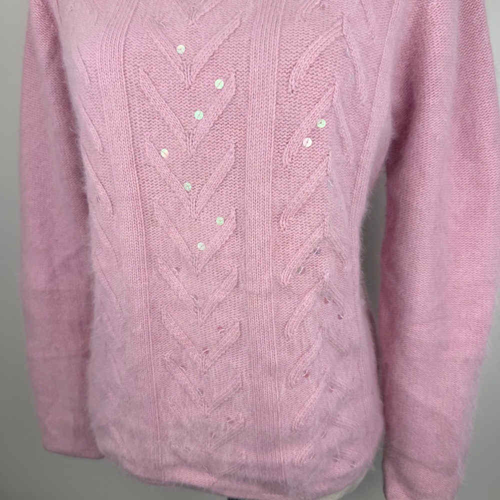 Vintage 90's White Stag Pink Angora & Lambswool Blend Sequin Cable Knit Sweater - Picture 4 of 8